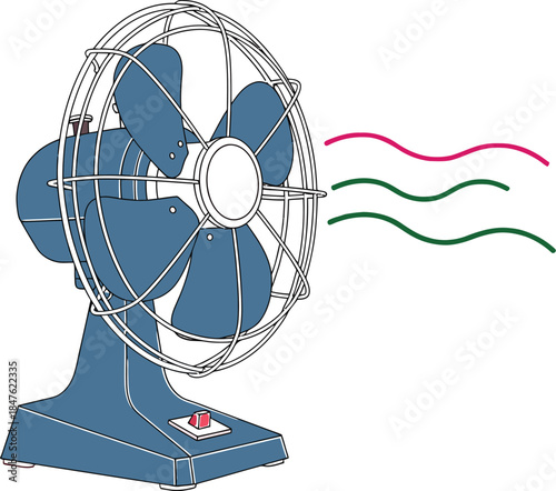 Vintage blue box fan with blowing air streams
