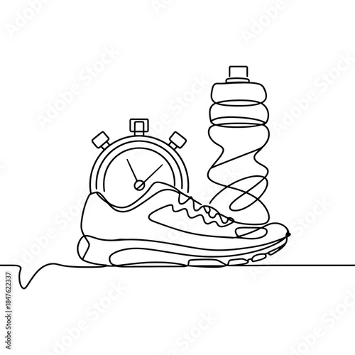 Running Shoe Stopwatch and Water Bottle Continuous Line Drawing for Fitness and Health