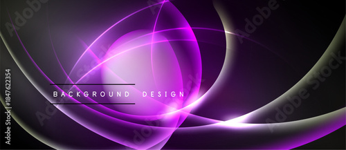 Abstract purple lines create dynamic flowing shapes. Dark background emphasizes bright curves, modern design element.