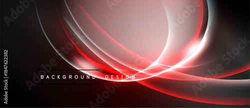 Abstract design features flowing red lines, white glow, dark background. Modern aesthetic, dynamic curves create visual interest.