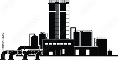 Industrial factory with silos and pipes, factory silhouette
