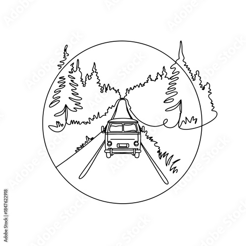 Van Driving Down Forest Road Surrounded by Trees in Circular Outline Art