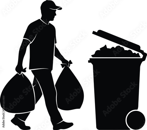 Man carrying trash bags to a garbage bin