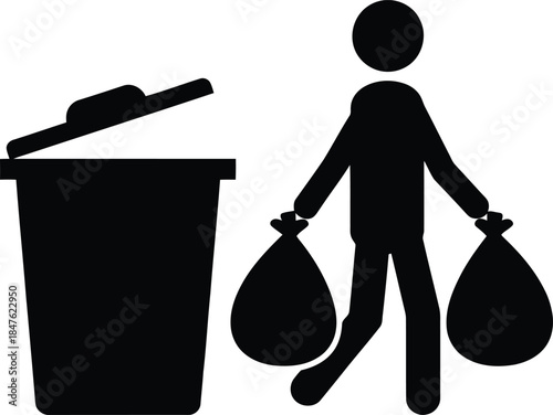Silhouette of a person carrying two trash bags standing next to an open trash can ready to dispose of waste