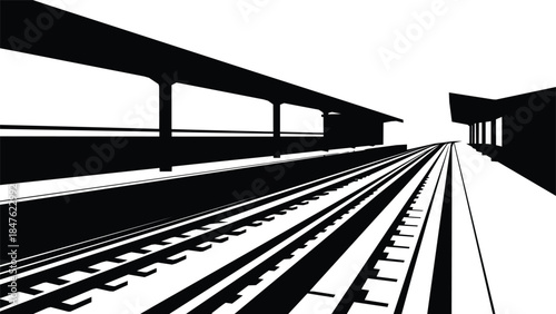 Abstract perspective view of a railway station platform with multiple tracks receding into the distance