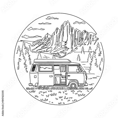 Vintage Camper Van Parked in Mountain Landscape with Pine Trees and Clouds