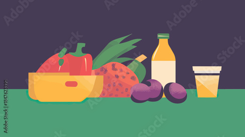 Still life arrangement of fresh vegetables fruits juice bottle and cup on flat surface in minimalist vector style with dark background and green table surface