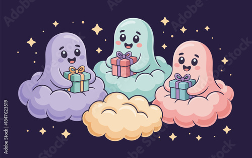 Three cartoon ghosts holding gifts on clouds in a starry night sky