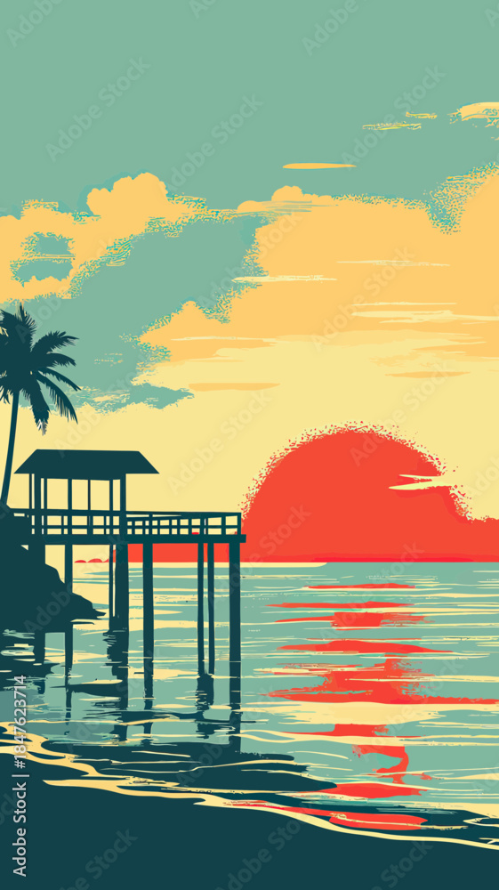 Fototapeta premium Long Beach Phu Quoc sunset over calm sea with wooden pier and palm trees vintage WPA poster style minimalist vector illustration