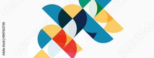 Abstract colorful shapes overlap, creating dynamic composition. Circles, segments, hues blend seamlessly. Modern design, vibrant aesthetic.