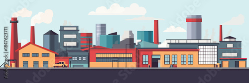 Industrial factory buildings with smokestacks urban manufacturing complex flat vector illustration with warehouses chimneys and production structures landscape design background
