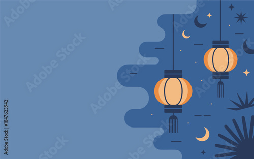 Illustration of lanterns and celestial bodies in a blue environment