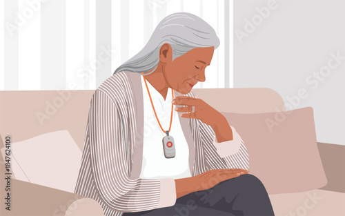 An elderly woman sitting on a couch, looking at a pendant necklace in a serene and contemplative atmosphere
