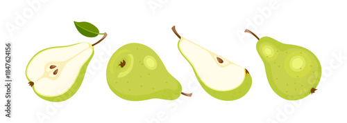 Green pear set. Fresh pear whole, half and slice. Vector cartoon flat illustration. Fruit icon. 