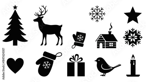 Collection of Christmas Icons and Symbols in Silhouette.