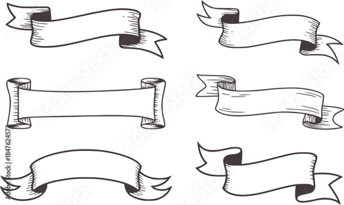 Black and white of six decorative ribbon banners ribbons