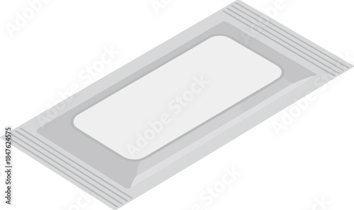 Sachet packaging isometric mockup, white rectangular packet for food or medicine, clean isolated design, angled perspective, advertising template