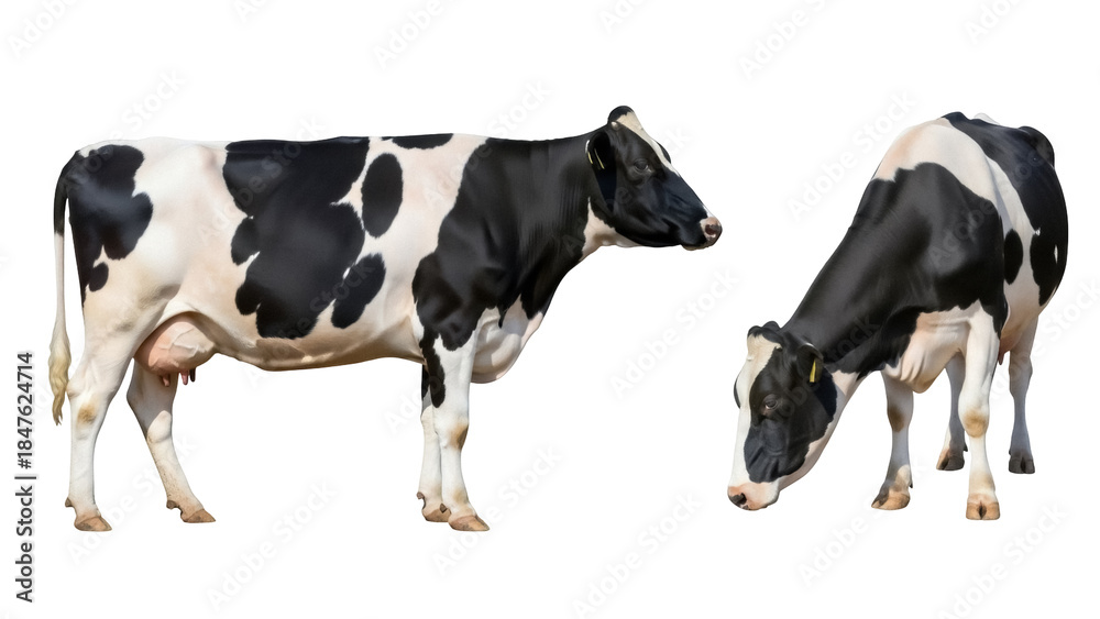 Αυτοκόλλητο Isolated farm animals milk cows Holstein cattle, black and white, on a farm dair