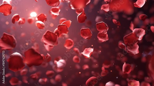 Red blood cells flowing through a vein in a romantic pink heart pattern illustration for a Valentine's Day card design