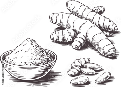 Hand drawn black and white turmeric roots and powder