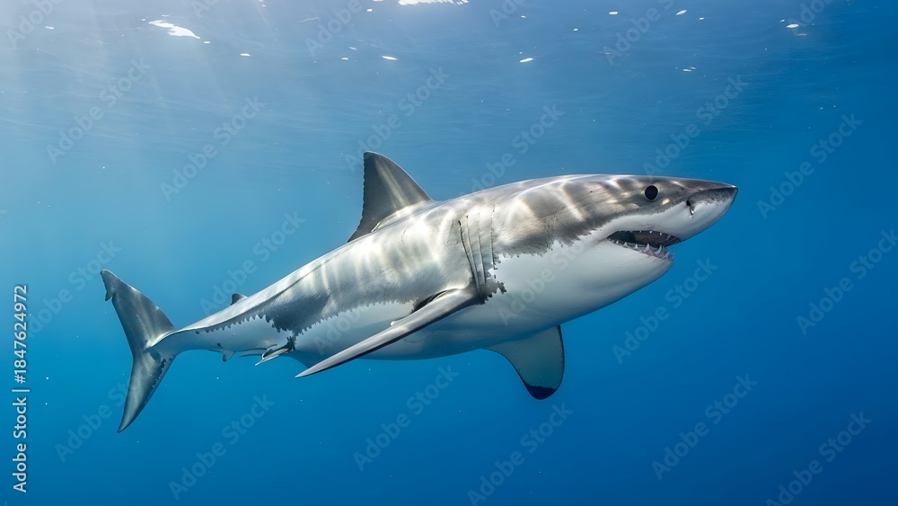Obraz premium Majestic great white shark swims powerfully through sunlit deep blue ocean water near the surface