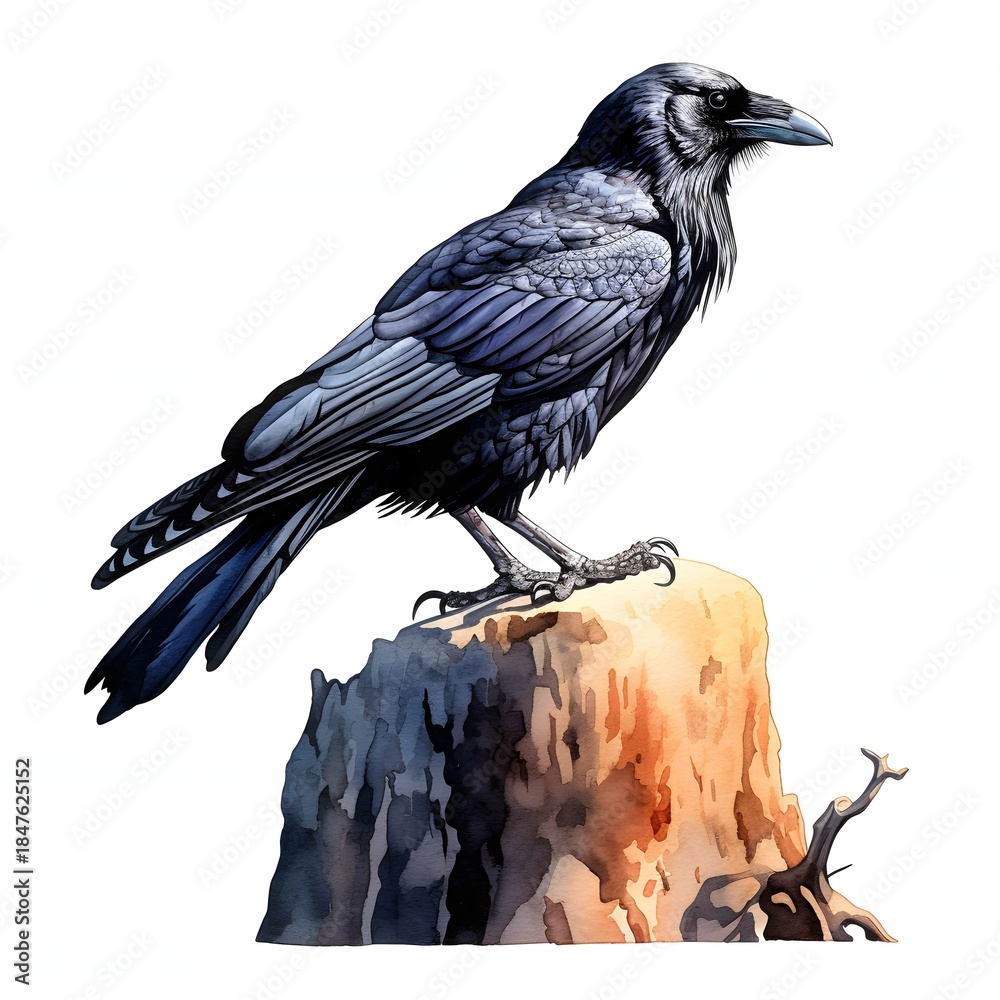 Obraz premium Raven perches majestically on a weathered tree stump illustration