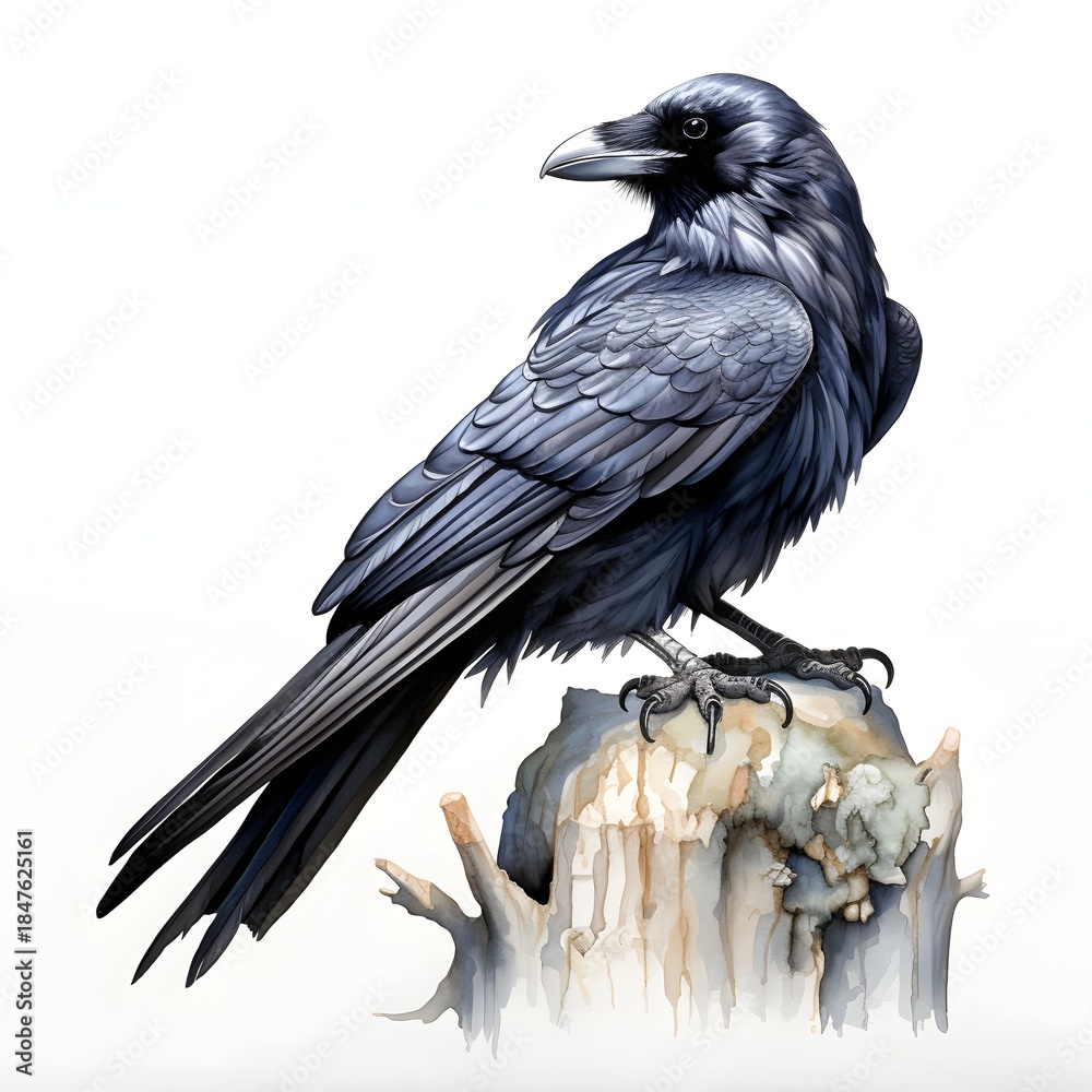 Obraz premium Elegant raven perched on an old weathered tree stump illustration