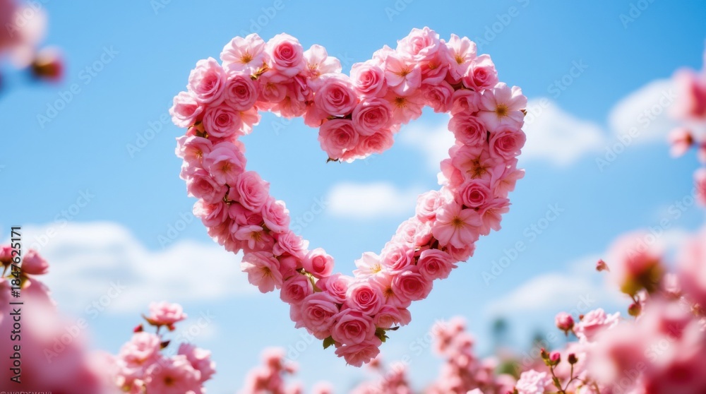 Naklejka premium blooming pink roses in shape of a heart in the blue sky. Love or valentine concept 