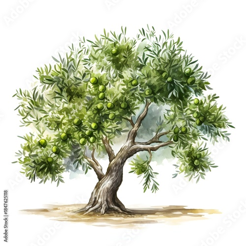 Watercolor painting of a lush green olive tree with ripening fruit on white background