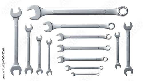 Set of wrenches arranged in various sizes on white background for Repair tools  