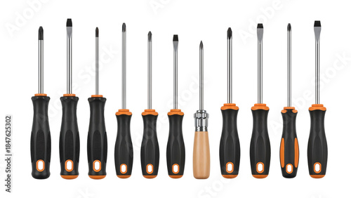 Set of screwdrivers with black and orange handles on white background  