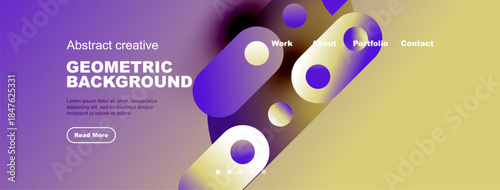 Modern website header design. Vibrant colors, geometric shapes, text elements present. Clean layout, professional aesthetic.