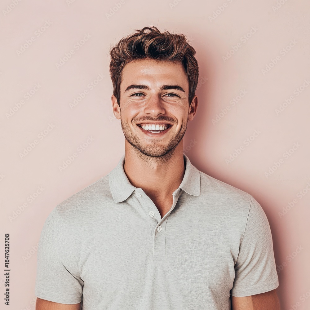 Fototapeta premium Smiling young man portrait, casual white polo shirt on beige background. Friendly male headshot for lifestyle and branding