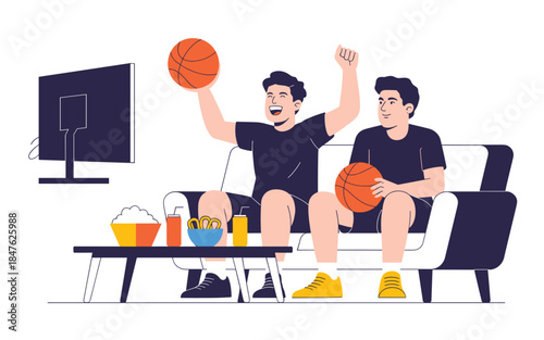 Two men enthusiastically watching a basketball game on television while seated on a couch at home