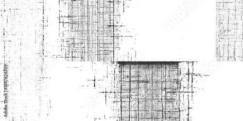 Black and white abstract grid pattern with distressed texture and scattered dots background