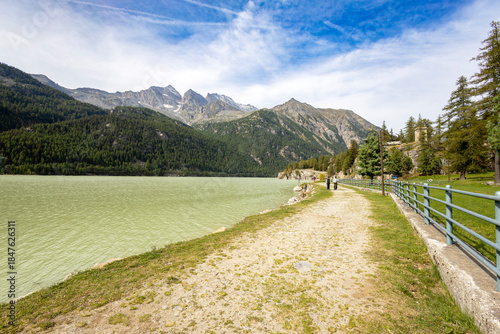View of the Ceresole lake in Ceresole Reale, province of Turin, Piedmont, Italy