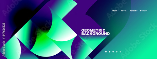 Abstract geometric shapes, vibrant colors, modern design. Website header with navigation elements present. Minimalist aesthetic.