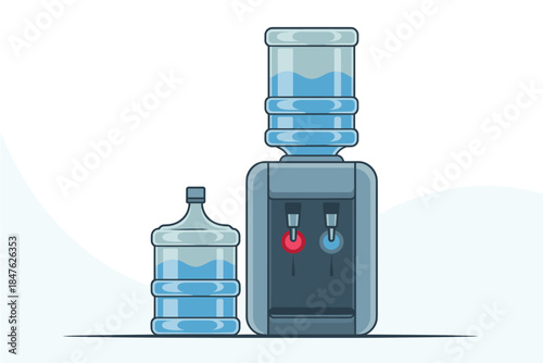 A water cooler and refillable bottle sitting on a plain white background
