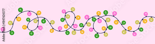 Christmas garland, light bulbs on string, holiday decoration. Xmas and New Year ornament, adornment with retro lamps, lightbulbs. Festive seasonal electric decor on wire. Flat vector illustration