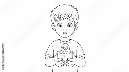 Coloring book - Young boy surprised while holding a chick in an eggshell  