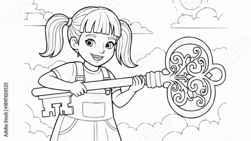 Coloring book - Young girl holding a large decorative key in a whimsical scene  