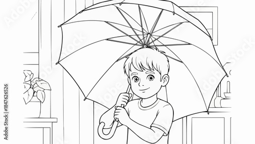 Coloring book - Young boy holding an umbrella indoors with a cheerful expression  