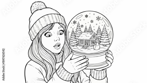 Coloring book - Girl captivated by snow globe with winter scene in cozy sweater  