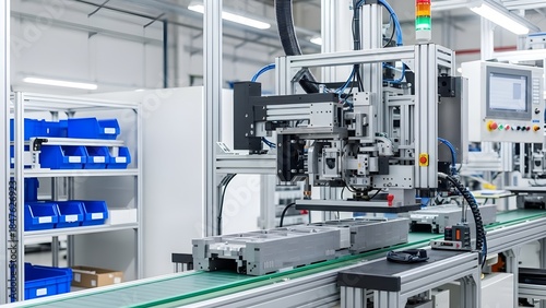 An automated industrial assembly line featuring a robotic workstation, a conveyor belt with components, and a digital control panel in a modern factory.