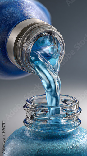 Blue water pouring and splashing into glass jar on gray surface fresh drink concept