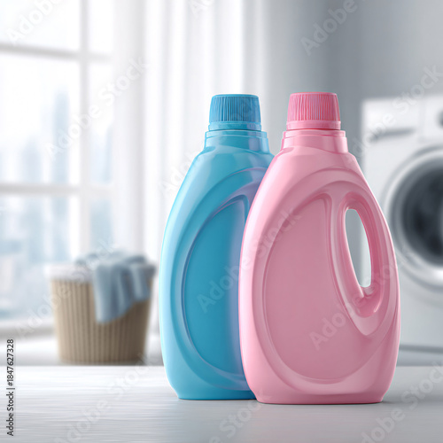 Pink and turquoise laundry detergent bottles on white background with cleaning supplies