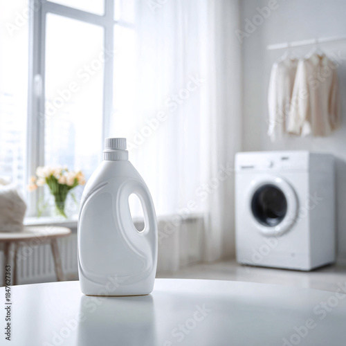 Modern laundry room interior with detergent bottles and washing machine on white background
