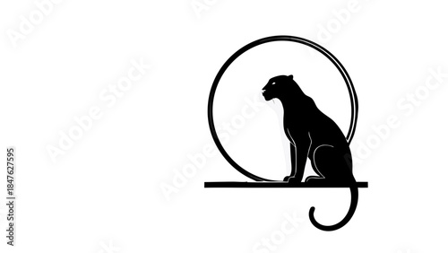 Black silhouette illustration of a cute cat and mouse with a lion profile isolated on white vector background