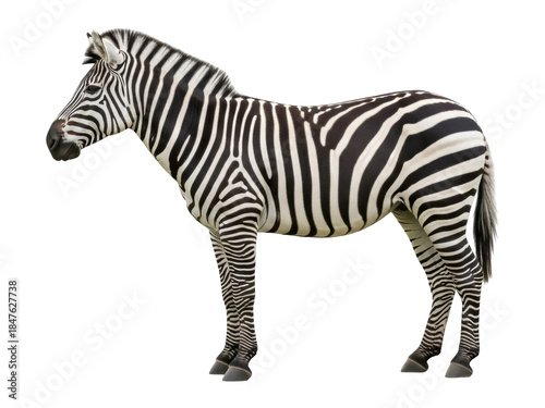 Photography Isolated zebra standing in profile, looking to the left in front of a bright bac
