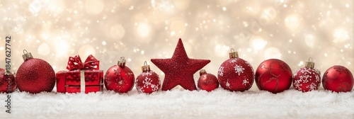 Festive Red Ornaments on Snow with Sparkling Bokeh Background